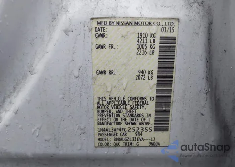 2015 Nissan Altima 2.5 S z USA, uszkodzony, nr VIN 1N4AL3AP4FC252355